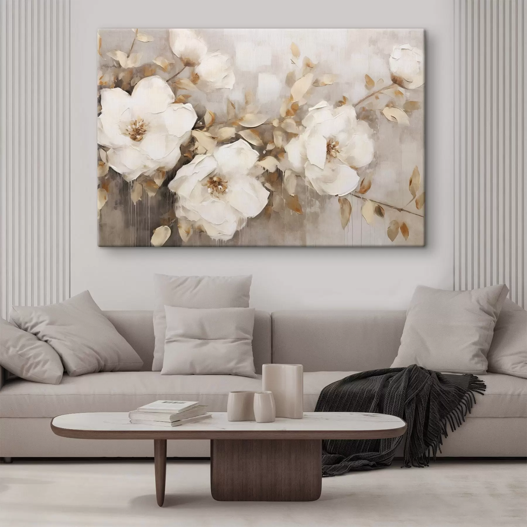 murales de pared Flores blancas con hojas marrones en un fondo beige, imitación de pintura al óleo, arreglo floral, arte botánico  s44922