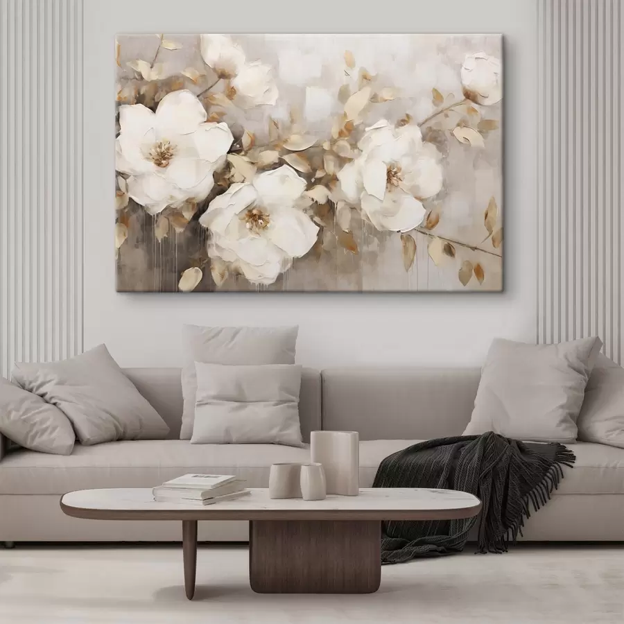 murales de pared Flores blancas con hojas marrones en un fondo beige, imitación de pintura al óleo, arreglo floral, arte botánico  s44922