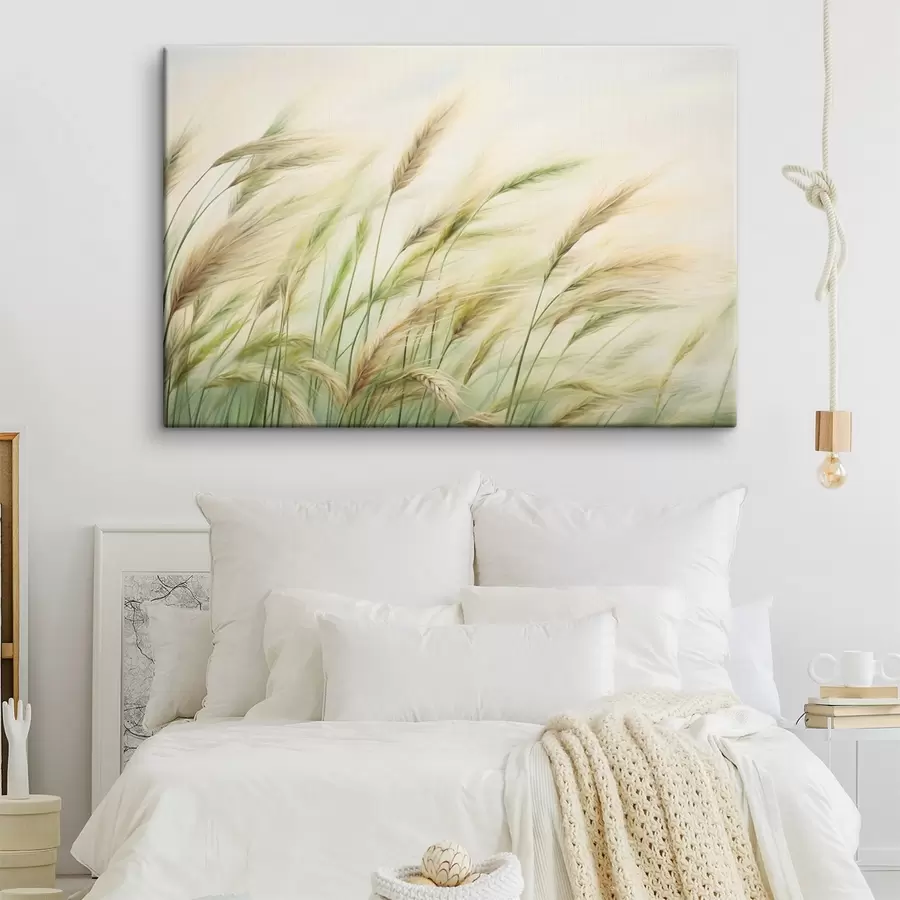 murales de pared Campo de trigo con espigas amarillas y verdes, pinceladas suaves y una paleta de colores claros, atmósfera natural s44923