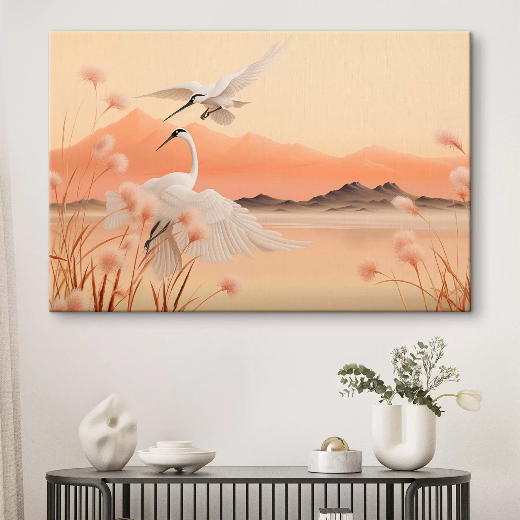 murales de pared Grullas blancas con juncos rosas en primer plano, montañas y un lago al fondo, luz suave anaranjada s44925