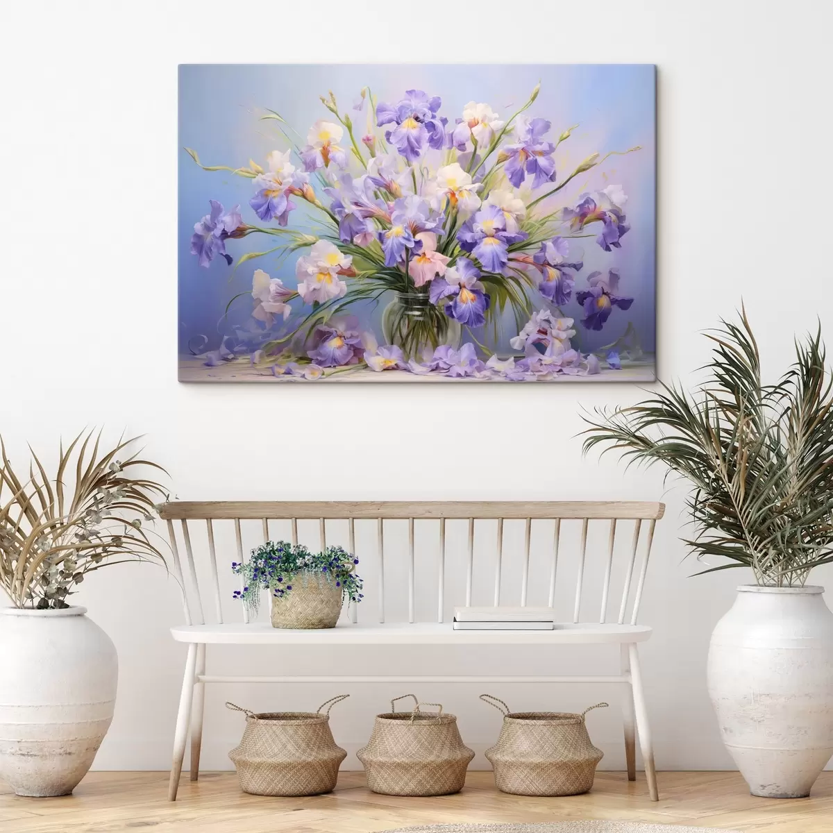 murales de pared Un jarrón con muchos lirios pastel, algunos pétalos esparcidos sobre la mesa, fondo pastel suave con tonos azules y rosas s44933
