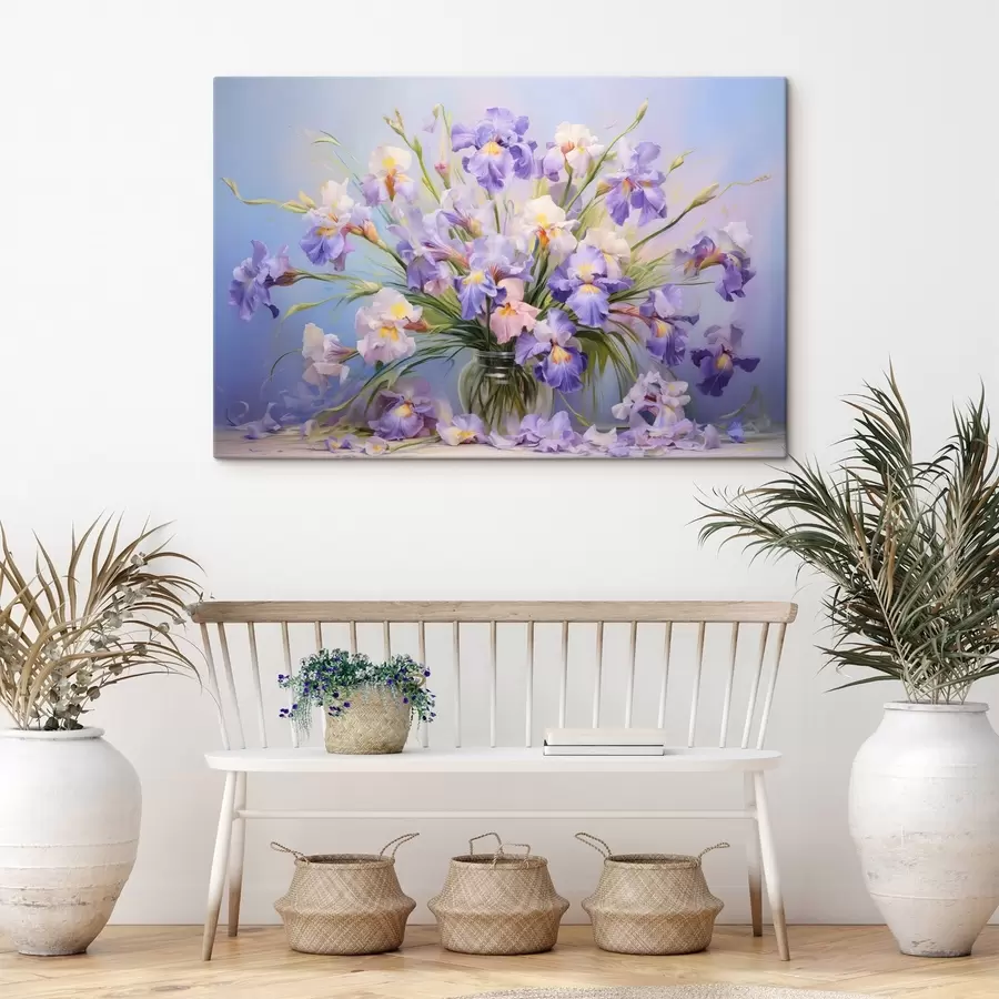 murales de pared Un jarrón con muchos lirios pastel, algunos pétalos esparcidos sobre la mesa, fondo pastel suave con tonos azules y rosas s44933