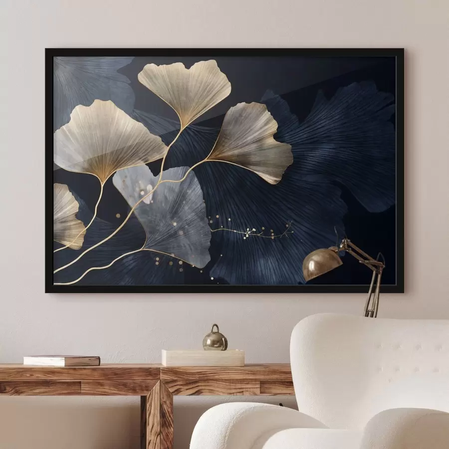 murales de pared Hojas de ginkgo en tonos amarillos y azules, elegante fondo oscuro, arte moderno, estilo minimalista, inspirado en la naturaleza f44921