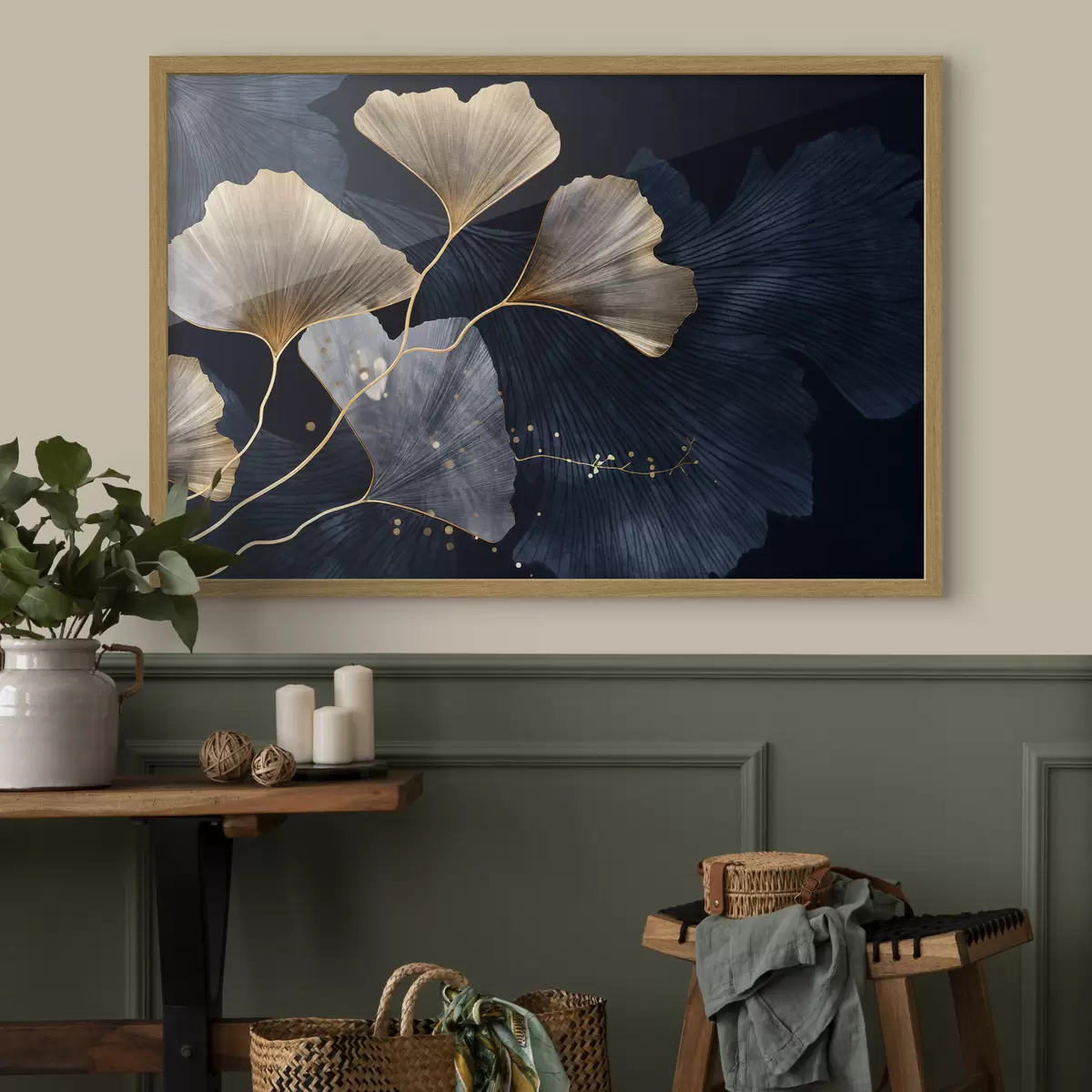 Poster Hojas de ginkgo en tonos amarillos y azules, elegante fondo oscuro, arte moderno, estilo minimalista, inspirado en la naturaleza f44921