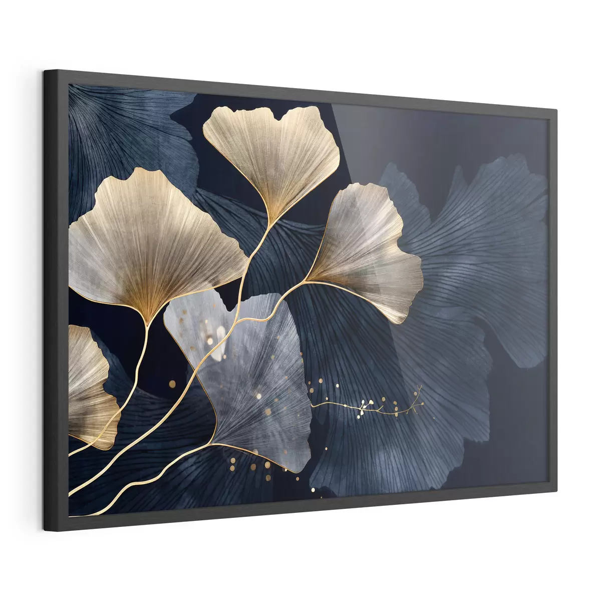 Poster Hojas de ginkgo en tonos amarillos y azules, elegante fondo oscuro, arte moderno, estilo minimalista, inspirado en la naturaleza f44921