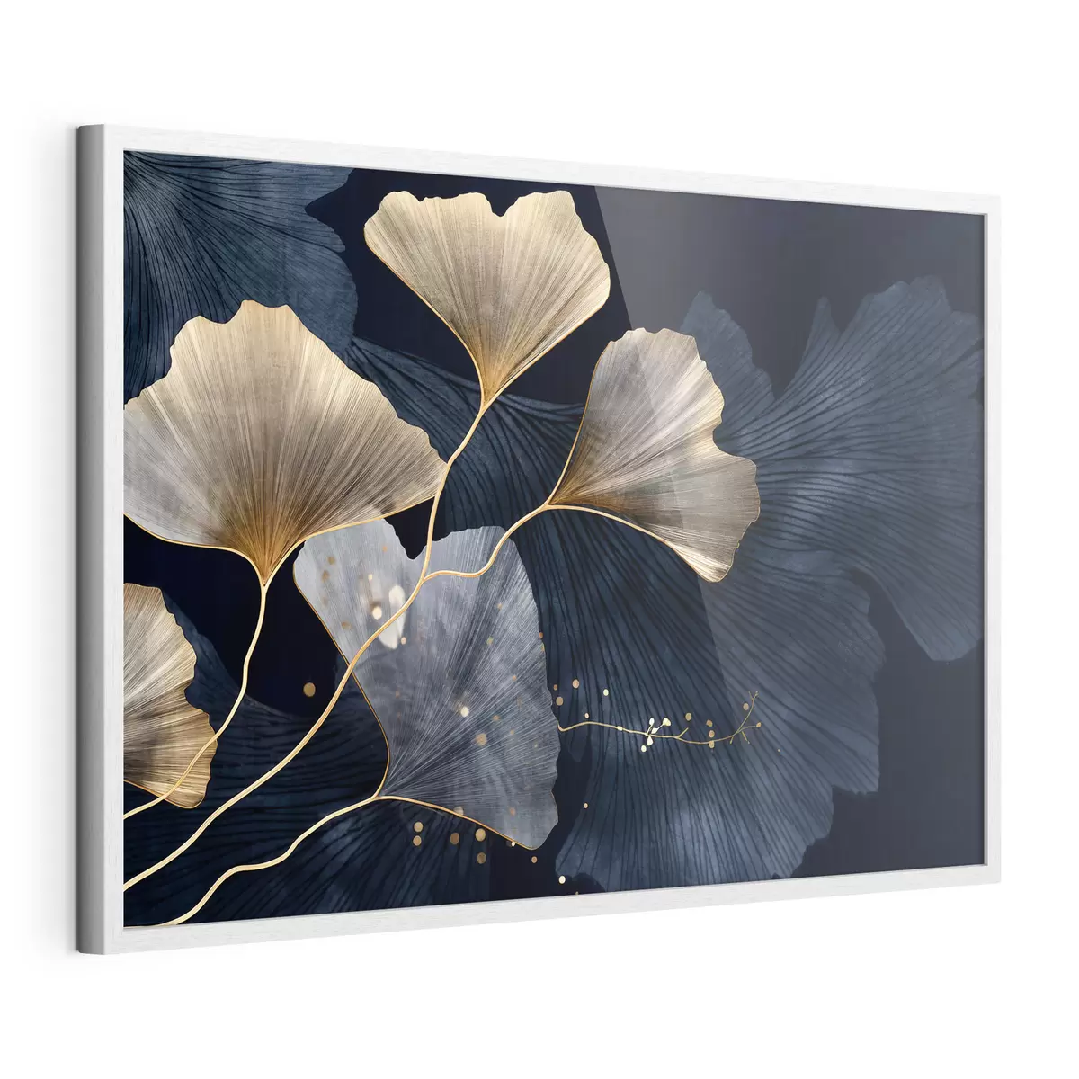 Poster Hojas de ginkgo en tonos amarillos y azules, elegante fondo oscuro, arte moderno, estilo minimalista, inspirado en la naturaleza f44921