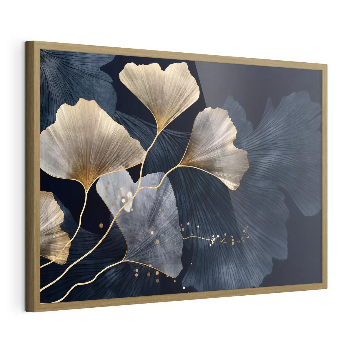 Poster Hojas de ginkgo en tonos amarillos y azules, elegante fondo oscuro, arte moderno, estilo minimalista, inspirado en la naturaleza f44921