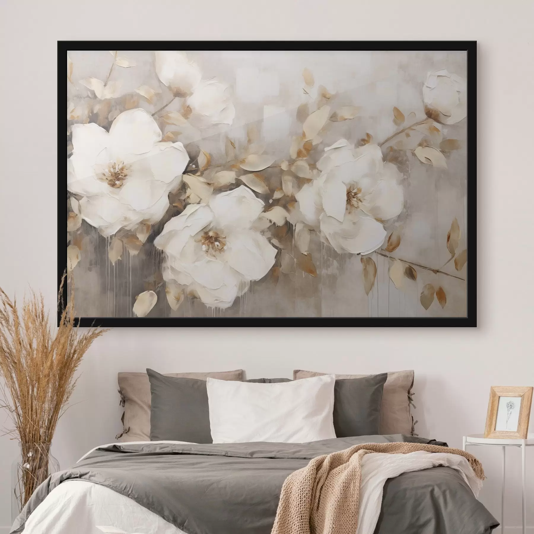 murales de pared Flores blancas con hojas marrones en un fondo beige, imitación de pintura al óleo, arreglo floral, arte botánico f44922