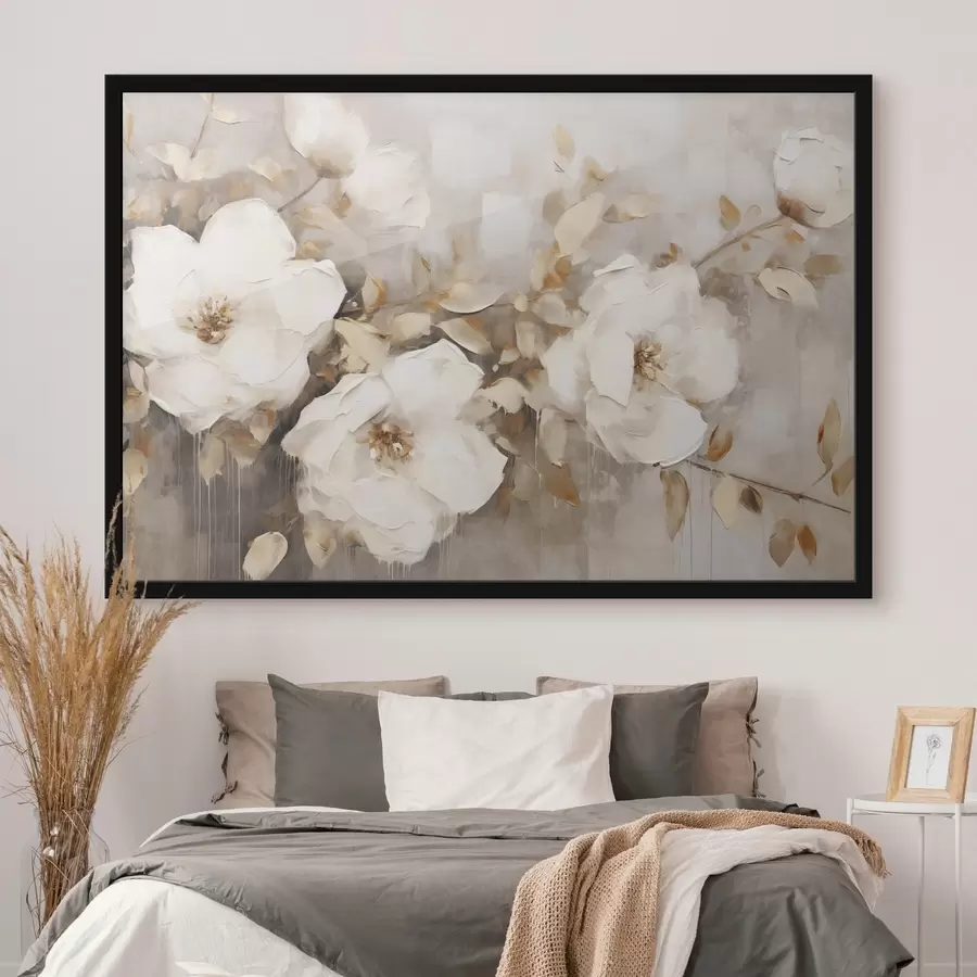 murales de pared Flores blancas con hojas marrones en un fondo beige, imitación de pintura al óleo, arreglo floral, arte botánico f44922