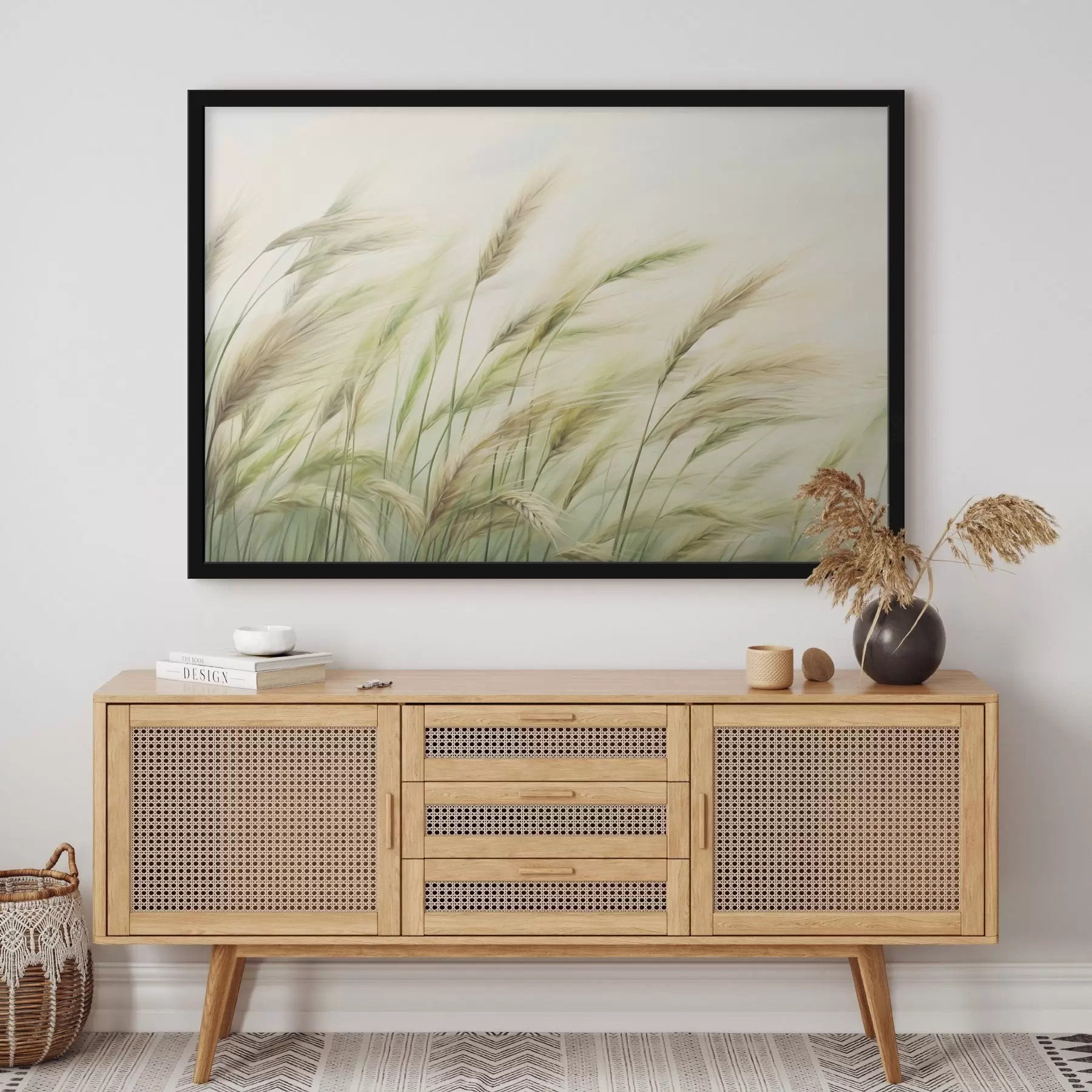 murales de pared Campo de trigo con espigas amarillas y verdes, pinceladas suaves y una paleta de colores claros, atmósfera natural f44923