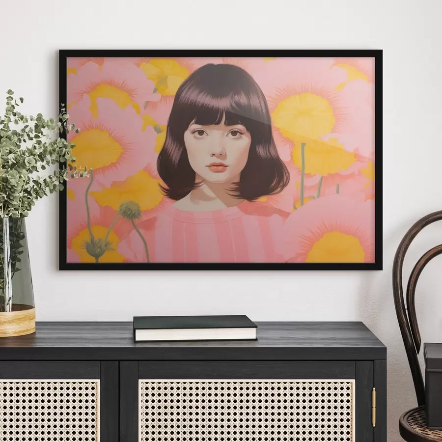 murales de pared Retrato minimalista decorativo de chica asiática en un campo de flores amarillas y rosas f44924