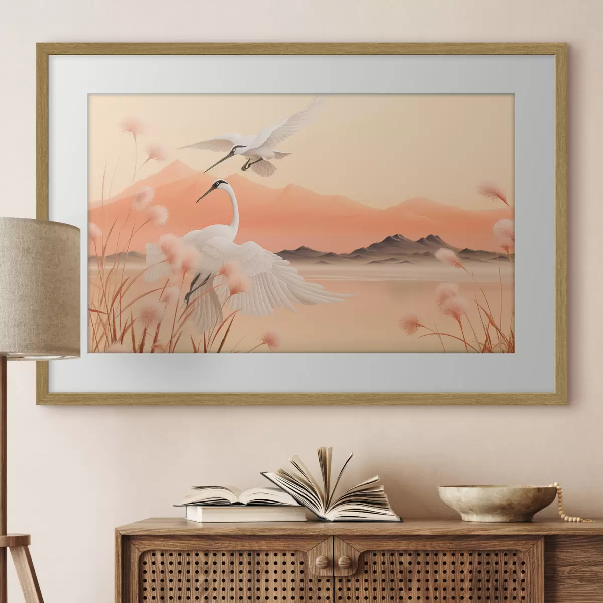 Poster Grullas blancas con juncos rosas en primer plano, montañas y un lago al fondo, luz suave anaranjada f44925