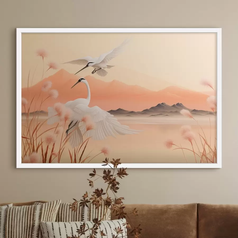 murales de pared Grullas blancas con juncos rosas en primer plano, montañas y un lago al fondo, luz suave anaranjada f44925