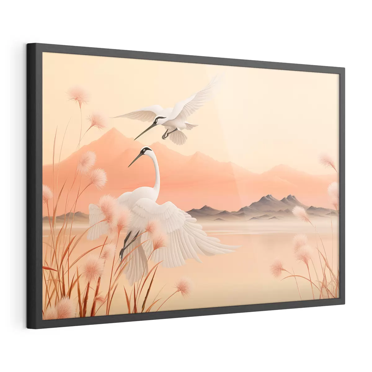 Poster Grullas blancas con juncos rosas en primer plano, montañas y un lago al fondo, luz suave anaranjada f44925