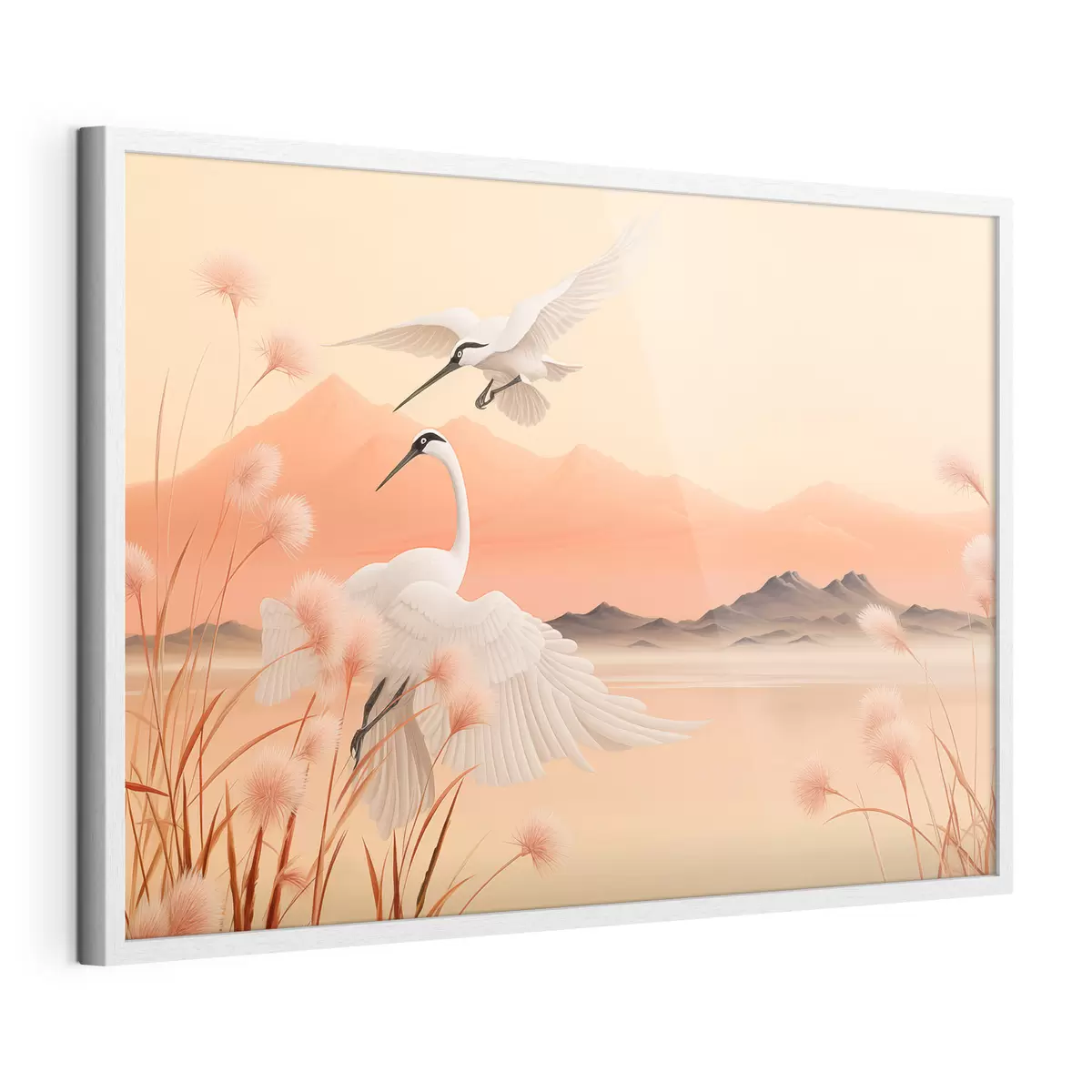 Poster Grullas blancas con juncos rosas en primer plano, montañas y un lago al fondo, luz suave anaranjada f44925
