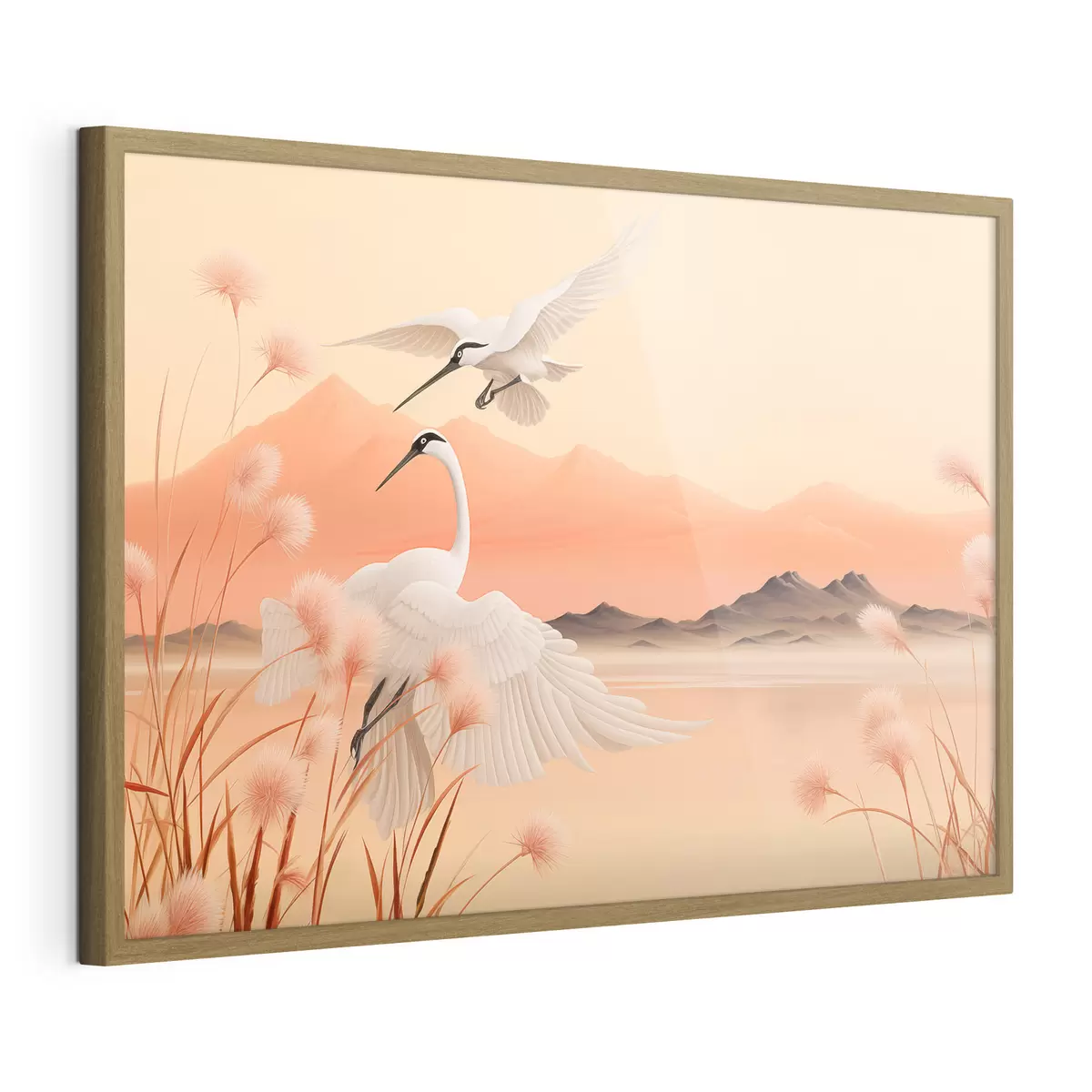 Poster Grullas blancas con juncos rosas en primer plano, montañas y un lago al fondo, luz suave anaranjada f44925