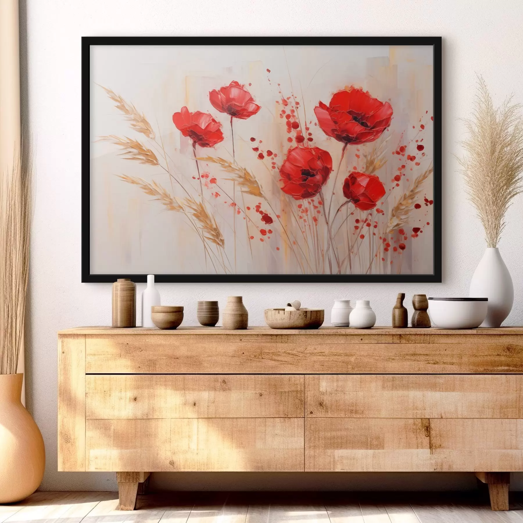 murales de pared Flores rojas de amapola con tallos amarillos de trigo, sobre un fondo suave y neutro con salpicaduras de pintura roja f44926