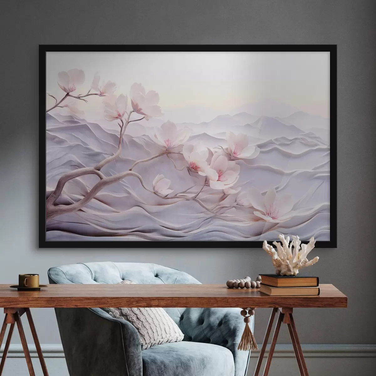 Poster Rama florecida con flores rosas, montañas al fondo, suaves colores pastel, arte japonés con textura f44930