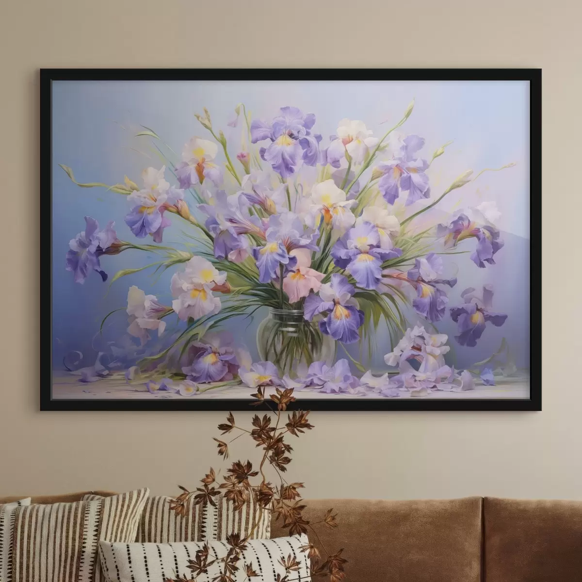 Poster Un jarrón con muchos lirios pastel, algunos pétalos esparcidos sobre la mesa, fondo pastel suave con tonos azules y rosas f44933