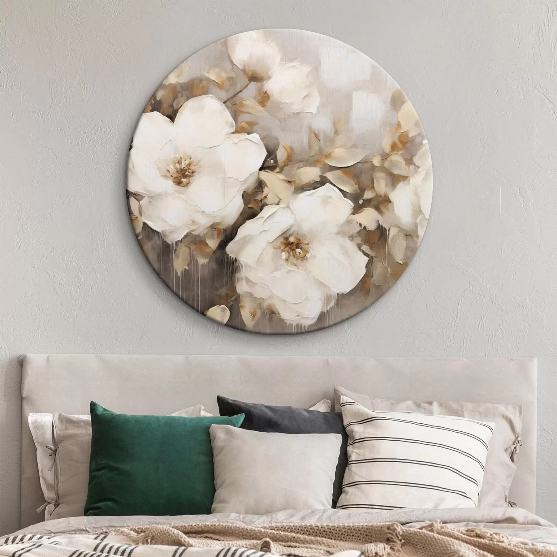 murales de pared Flores blancas con hojas marrones en un fondo beige, imitación de pintura al óleo, arreglo floral, arte botánico r44922