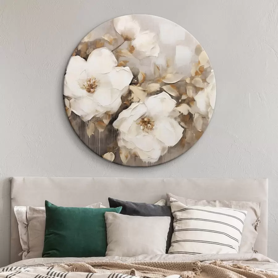 murales de pared Flores blancas con hojas marrones en un fondo beige, imitación de pintura al óleo, arreglo floral, arte botánico r44922