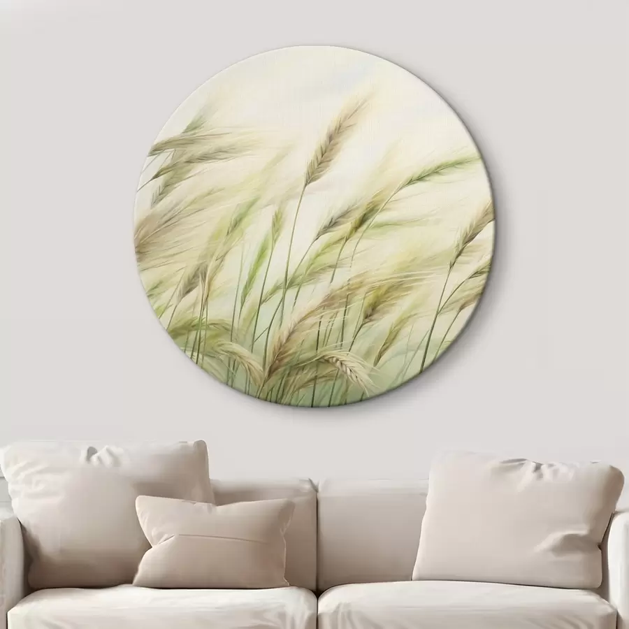 murales de pared Campo de trigo con espigas amarillas y verdes, pinceladas suaves y una paleta de colores claros, atmósfera natural r44923