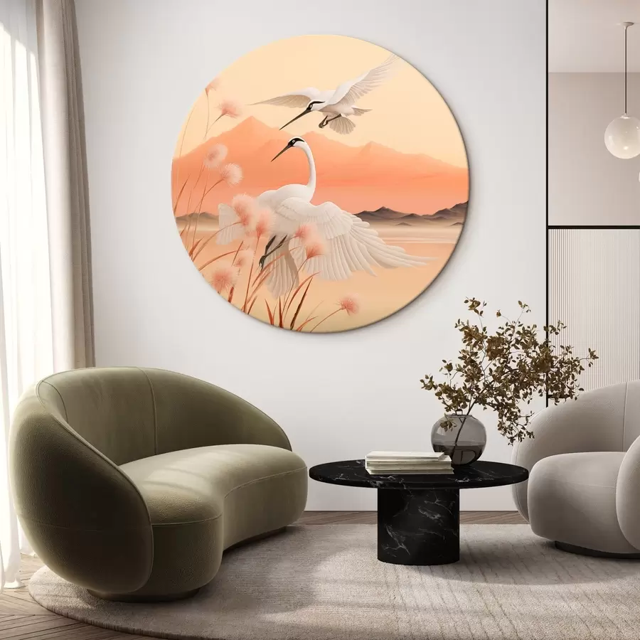 murales de pared Grullas blancas con juncos rosas en primer plano, montañas y un lago al fondo, luz suave anaranjada r44925