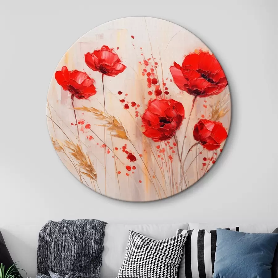 murales de pared Flores rojas de amapola con tallos amarillos de trigo, sobre un fondo suave y neutro con salpicaduras de pintura roja r44926