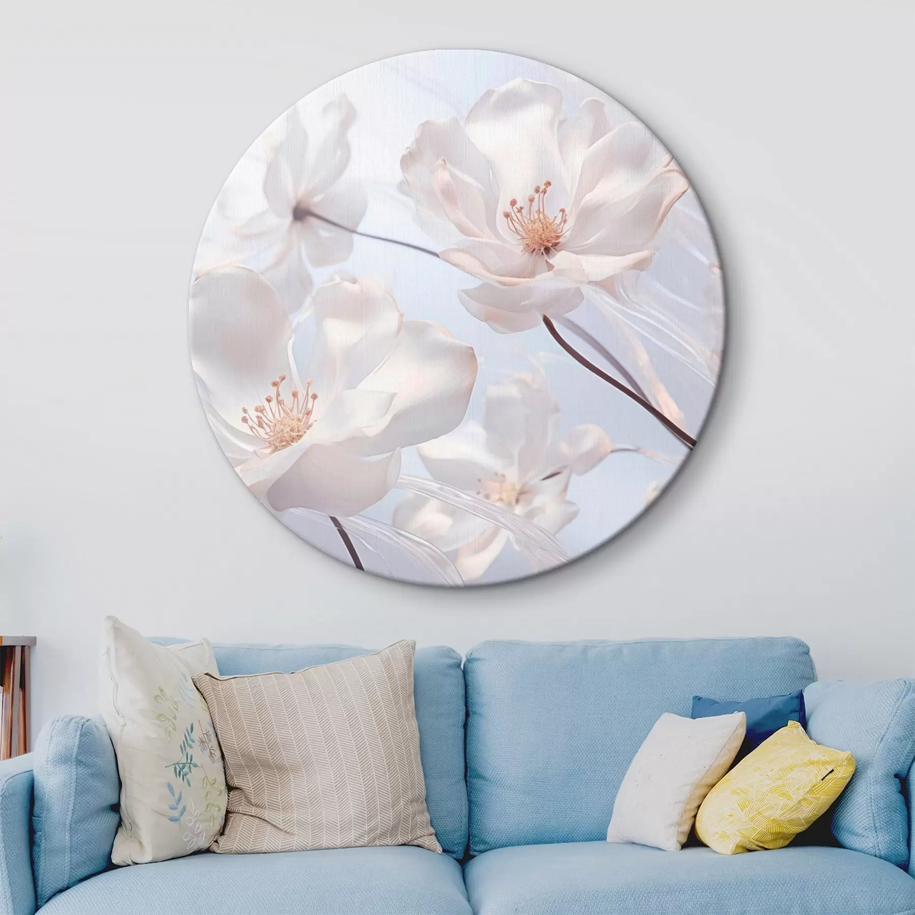 murales de pared Flores blancas con pétalos translúcidos, fondo azul claro suave, elegante, romántico, delicado, de ensueño r44931