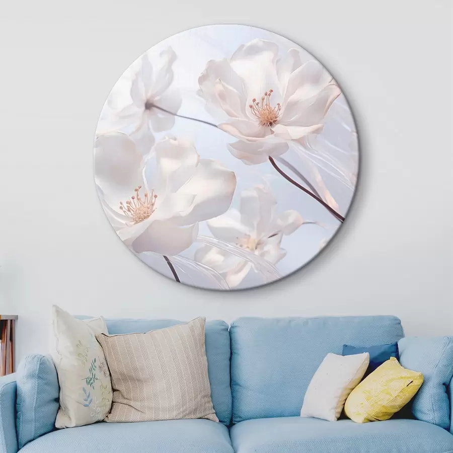 murales de pared Flores blancas con pétalos translúcidos, fondo azul claro suave, elegante, romántico, delicado, de ensueño r44931