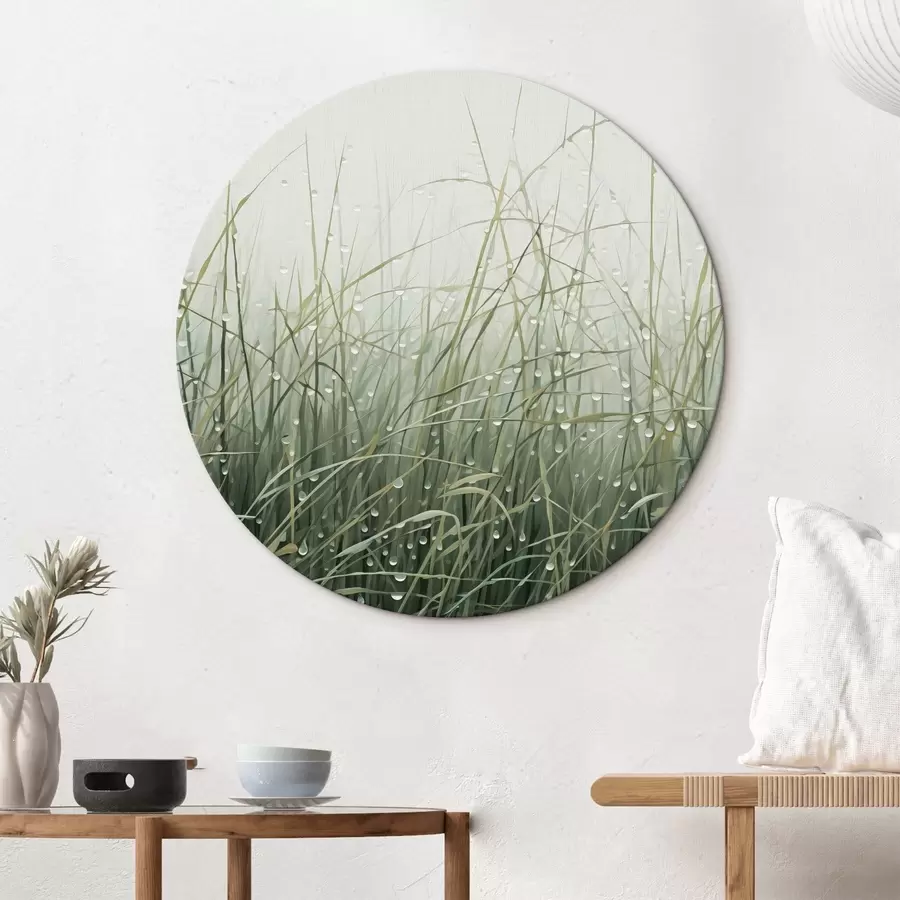 murales de pared Hierba con gotas de agua, tonos verdes, luz suave, fondo brumoso, estilo abstracto minimalista texturizado r44932