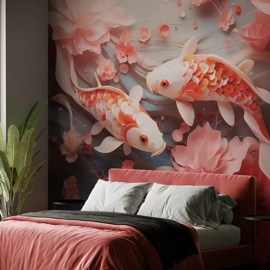 murales de pared Delicados peces con escamas dimensionales nadan a través de un flujo de pétalos y suaves tonos rosados w09237