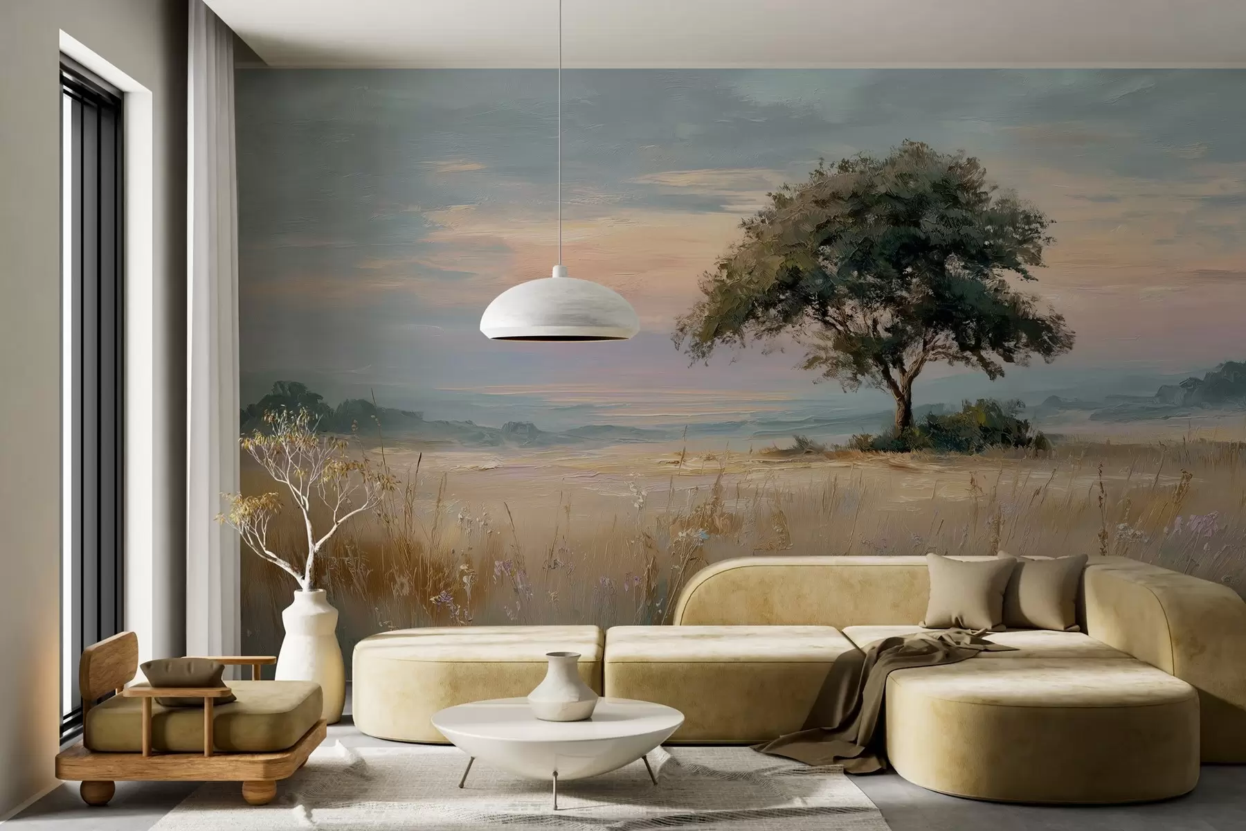 murales de pared árbol en medio de un campo en el estilo de la pintura al óleo w04206