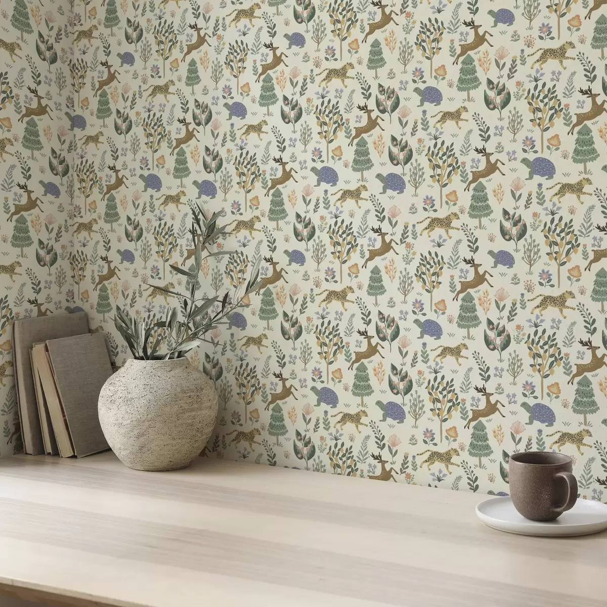 Papel pintado Ilustración retro con leopardos, árboles y ciervos a00184