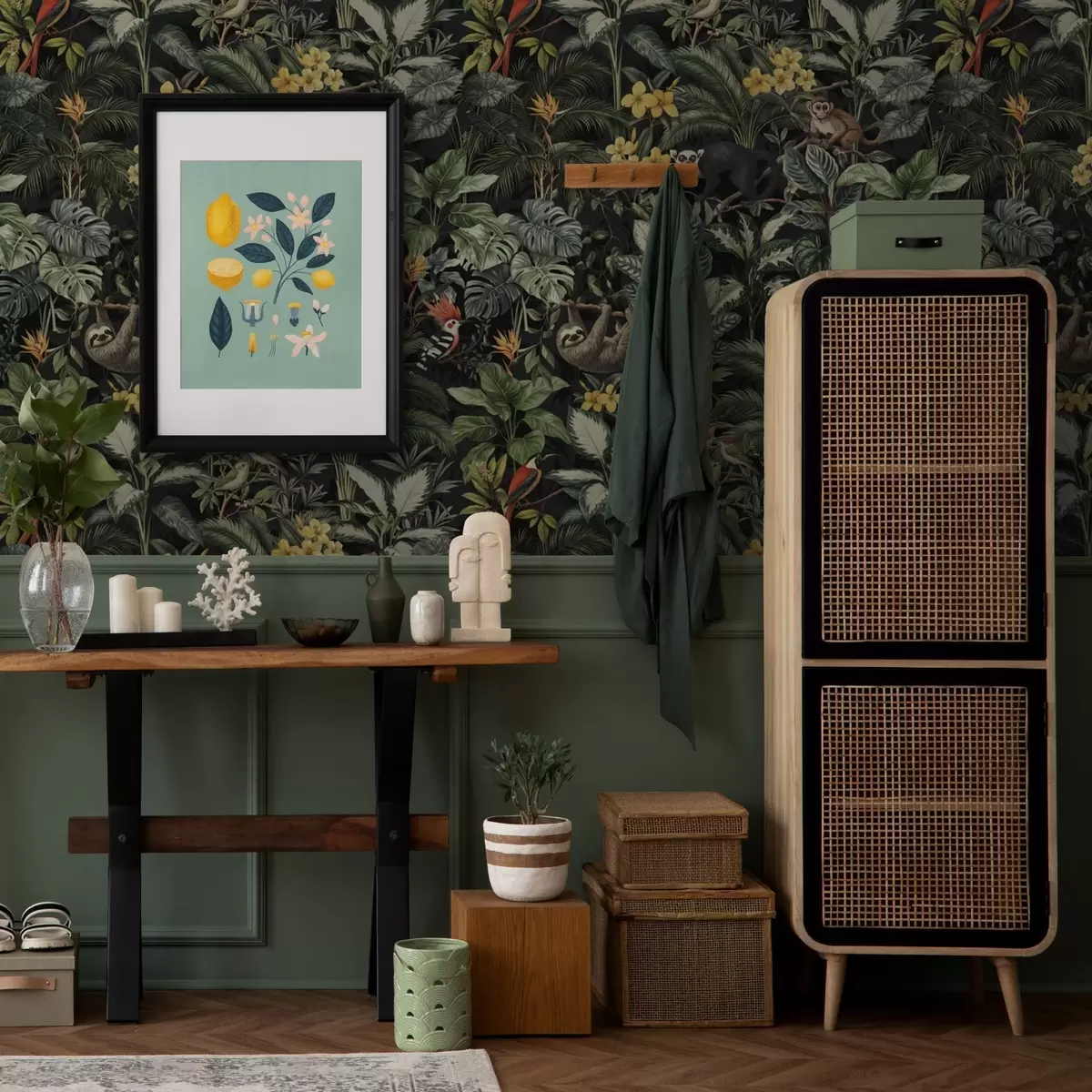 Papel pintado Selva tropical con monos, pájaros y denso follaje a00191