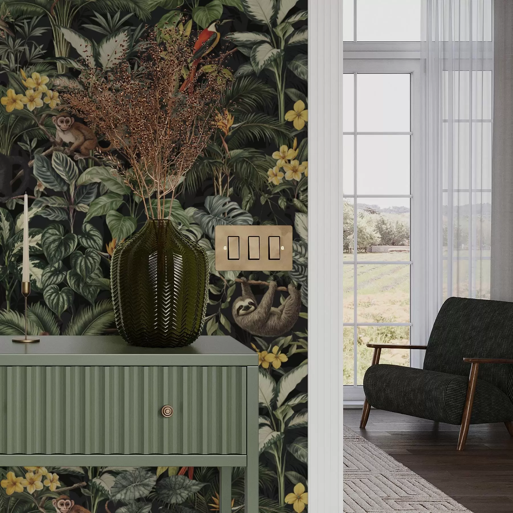 murales de pared Selva tropical con monos, pájaros y denso follaje a00191