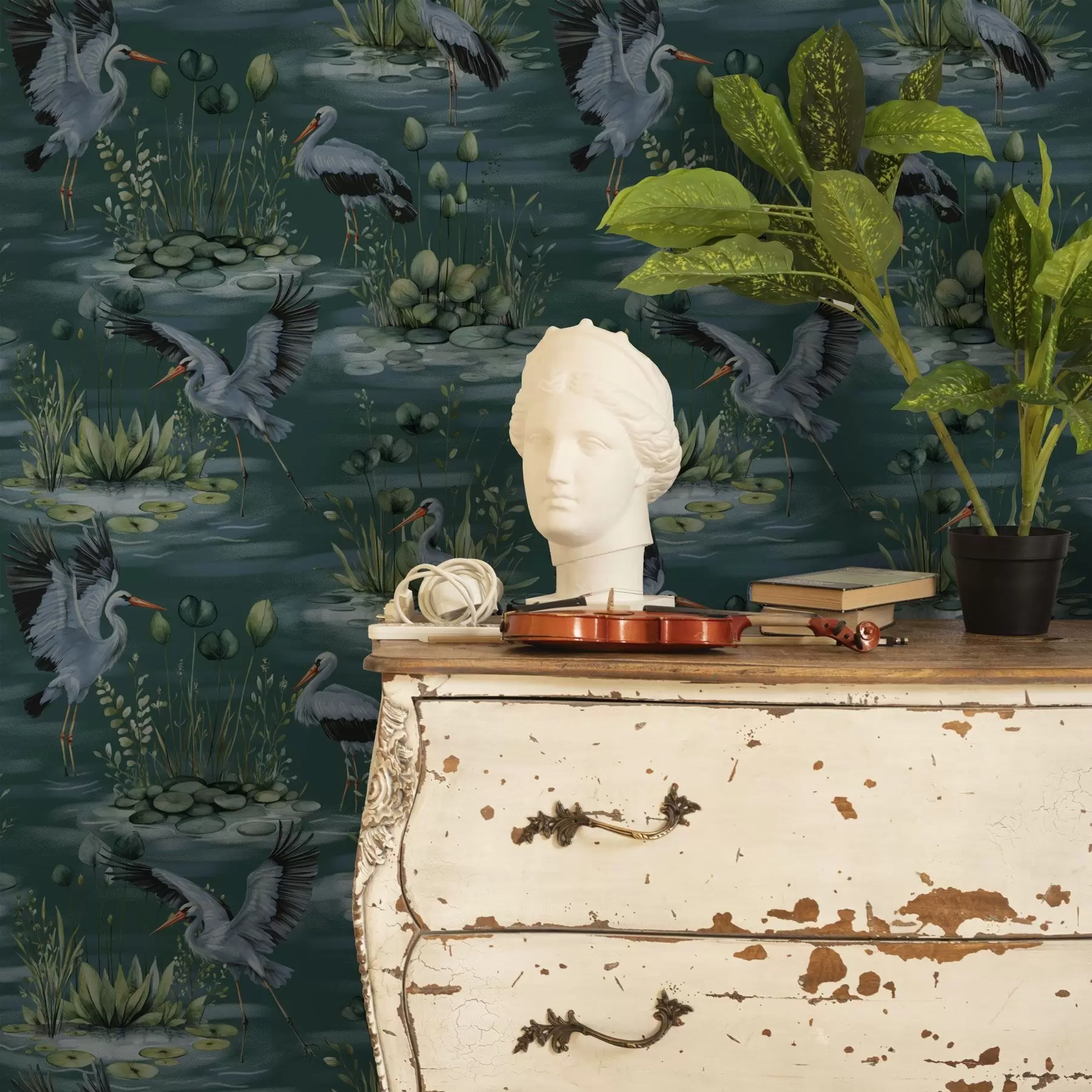 murales de pared Escenas con garzas sobre fondo de estanques y nenúfares a00202