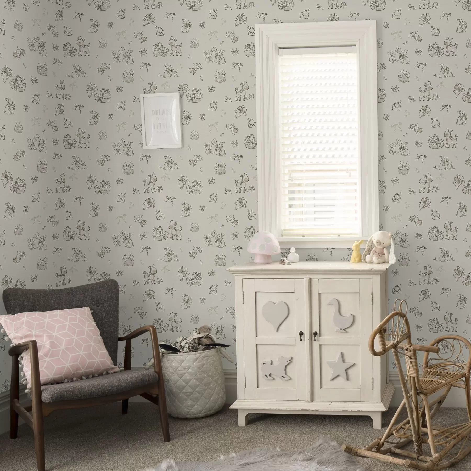 murales de pared Bonita escena de bosque con ciervos, conejos y abejas a00215