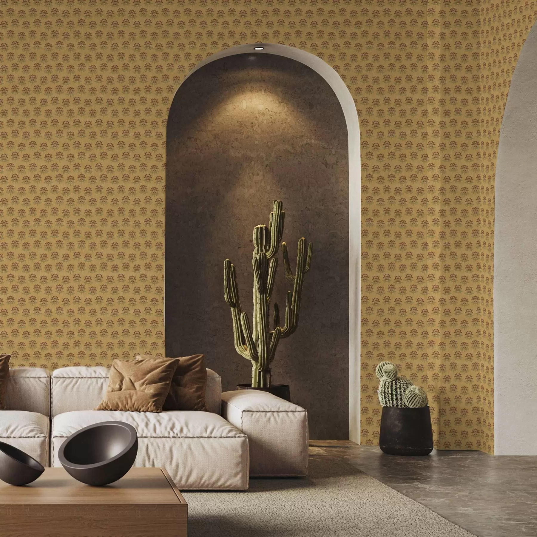 murales de pared Motivo floral retro con lotos sobre fondo amarillo a00238