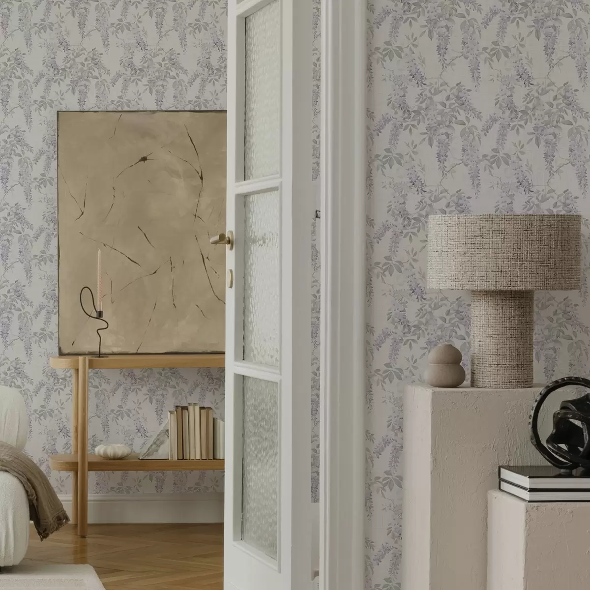 Papel pintado Glicinias lilas sobre fondo blanco, estilo acuarela a00239