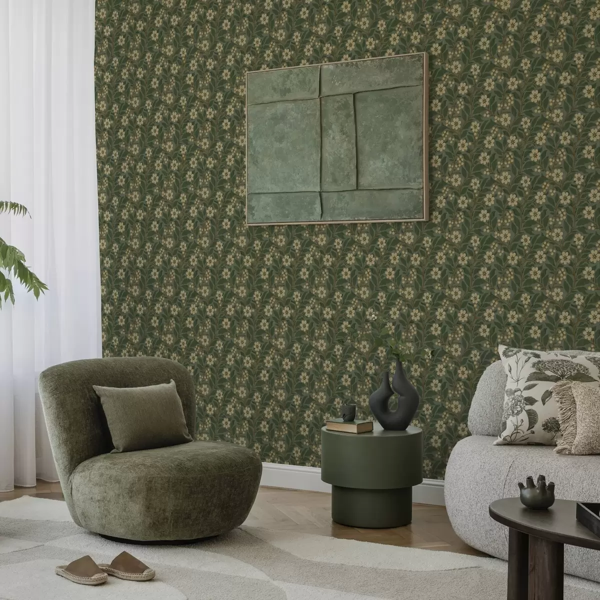 Papel pintado Flores amarillas y bayas sobre fondo verde a00242