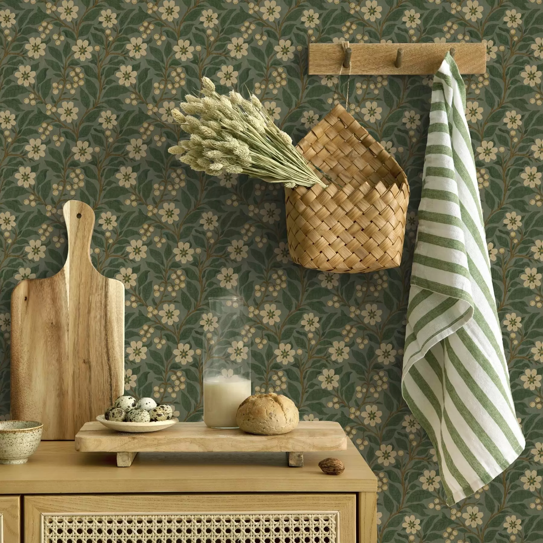 murales de pared Flores amarillas y bayas sobre fondo verde a00242