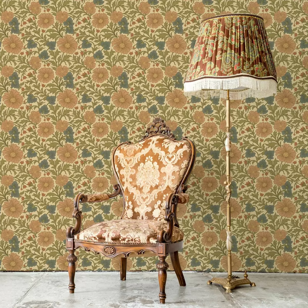 Papel pintado Motivo retro con flores naranjas y azules a00245