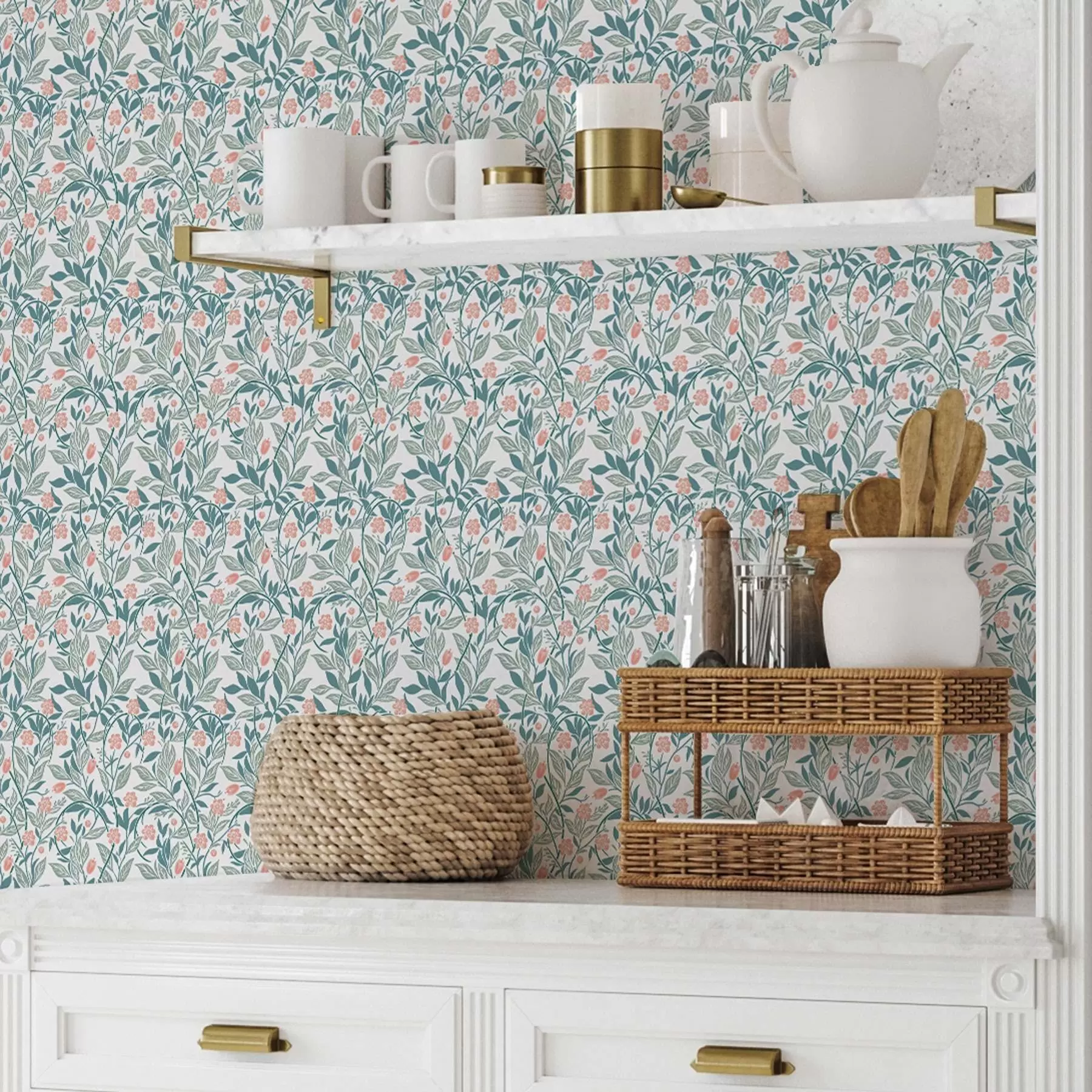 murales de pared Motivo fresco con flores y hojas de coral a00247