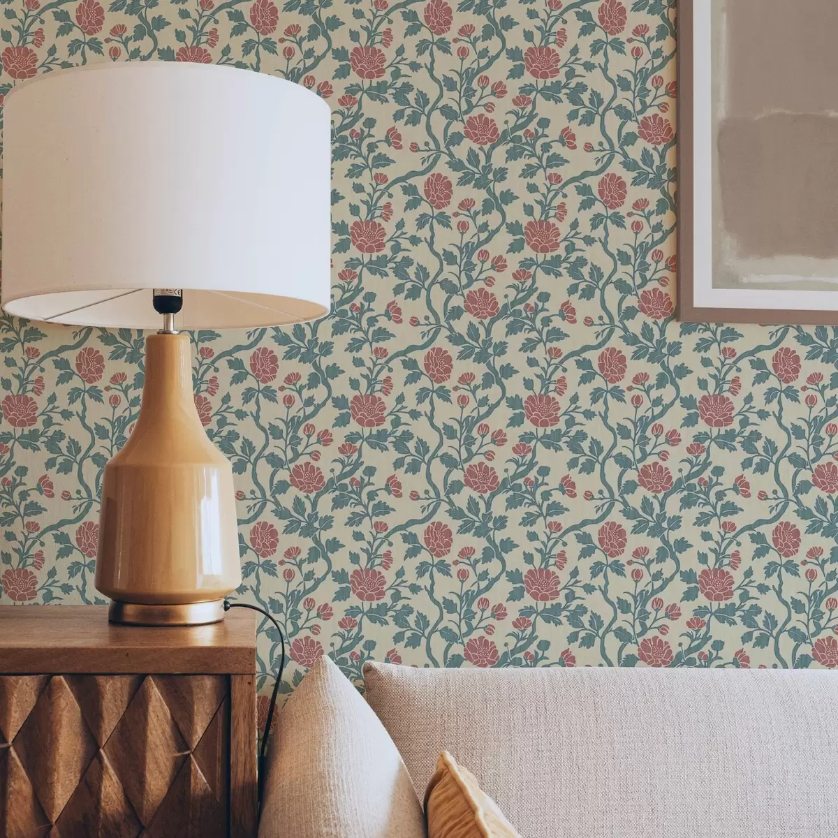 Papel pintado Motivo retro con flores en rojo y verde a00250