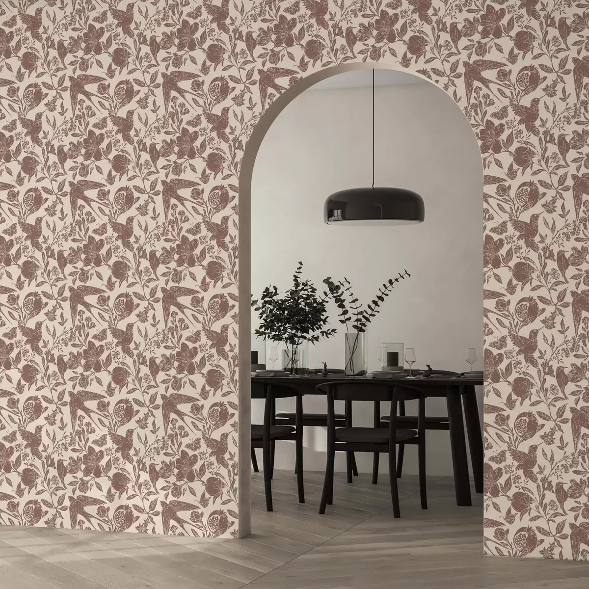 Papel pintado Pájaros, granadas y flores en estilo vintage a00263