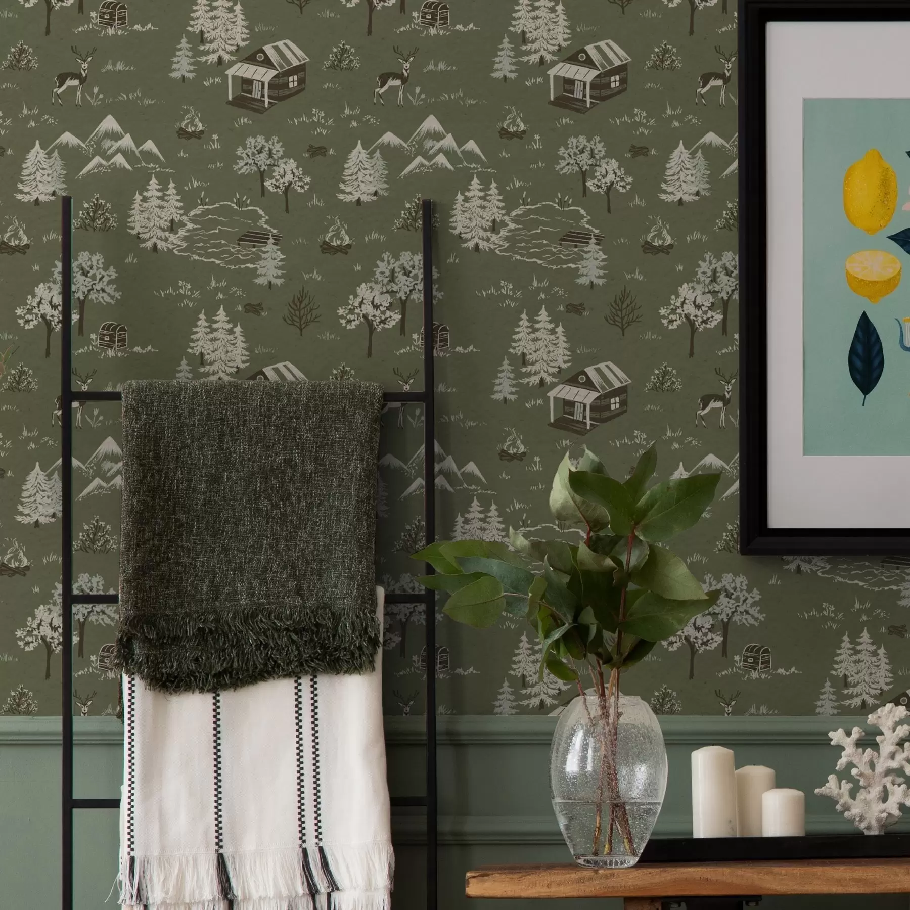 murales de pared Bosque pintado con un lago, una cabaña y animales a00267