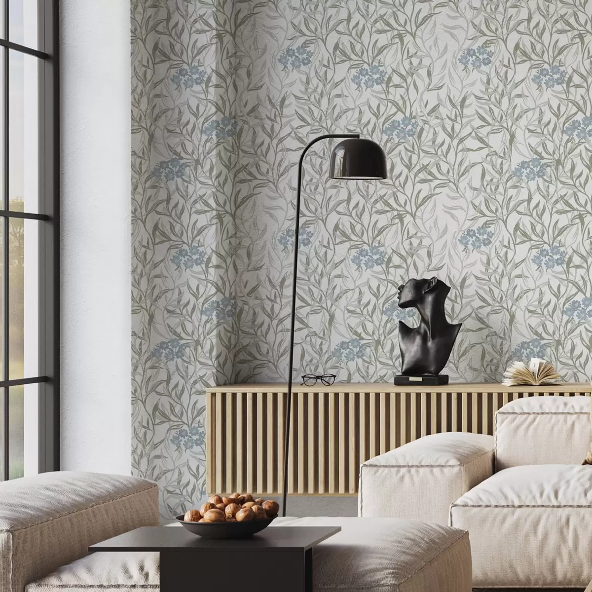 Papel pintado Ligero estampado botánico con flores azules a00268