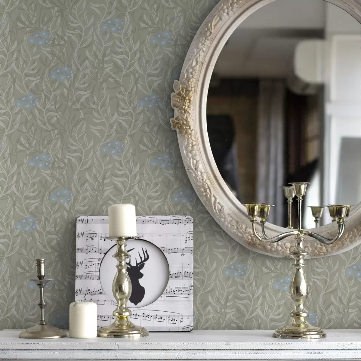 Papel pintado Fondo verde con ramas blancas y flores azules a00268v1