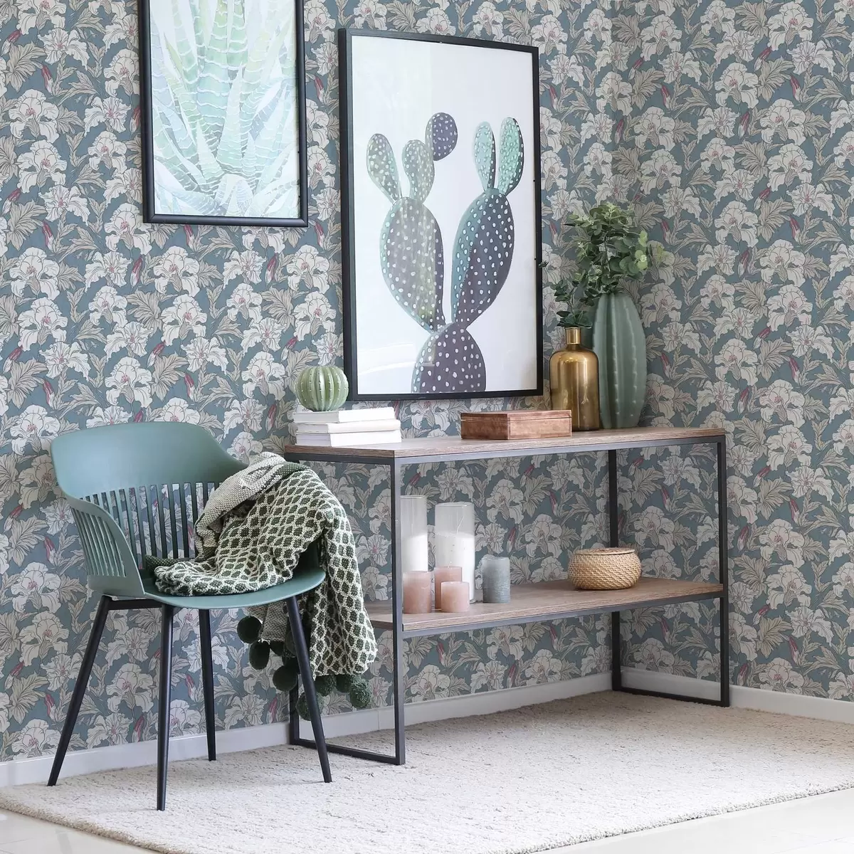 Papel pintado Hibisco blanco sobre fondo azul con dibujo de contorno a00272v1